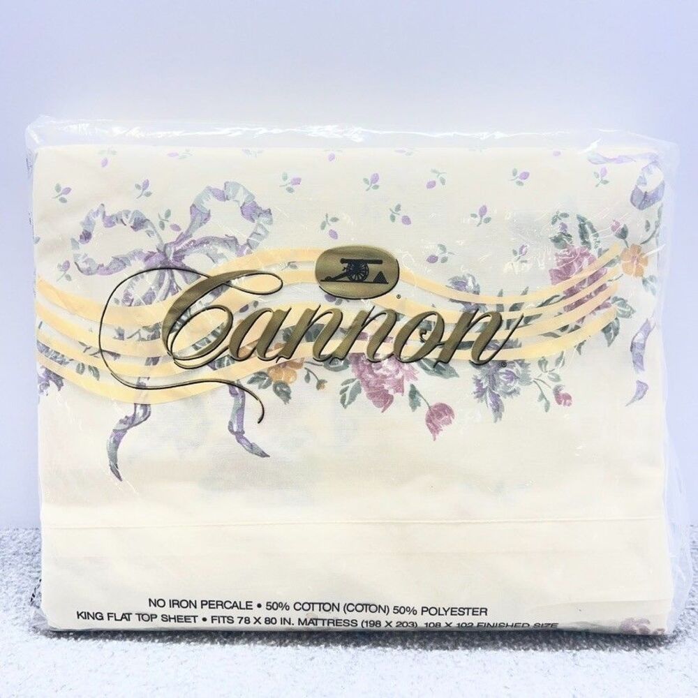 Vtg Cannon No-Iron Percale King Flat Sheet Ivory with floral & bows In-package